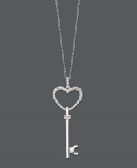 Unlock a world of romance with this sweet key pendant. Crafted in sterling silver, a heart-shaped key shines with the addition of round-cut diamonds (1/5 ct. t.w.). Approximate length: 18 inches. Approximate drop: 1 inch. Unlock a world of romance with this sweet key pendant. Crafted in sterling silver, a heart-shaped key shines with the addition of round-cut diamonds (1/5 ct. t.w.). Approximate length: 18 inches. Approximate drop: 1 inch.
