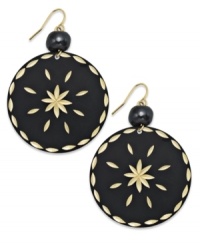Detailed and delicate. These Style&co. disc drop earrings feature a jet black finish with diamond-cut detail that exposes the gold tone mixed metal setting. Finished with a jet bead at the hook. Approximate drop: 2 inches Detailed and delicate. These Style&co. disc drop earrings feature a jet black finish with diamond-cut detail that exposes the gold tone mixed metal setting. Finished with a jet bead at the hook. Approximate drop: 2 inches