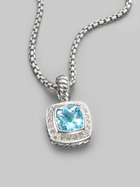 From the Petite Albion Cushion Collection. A softly hued, richly faceted blue topaz, surrounded by pavé diamonds on a chain of sterling silver. Diamonds, 0.20 tcw Blue topaz Sterling silver Chain length, about 17 Pendant width, about ¼ Lobster clasp Made in USA From the Petite Albion Cushion Collection. A softly hued, richly faceted blue topaz, surrounded by pavé diamonds on a chain of sterling silver. Diamonds, 0.20 tcw Blue topaz Sterling silver Chain length, about 17 Pendant width, about ¼ Lobster clasp Made in USA