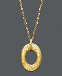 Feel like a goddess in this Greek-inspired design. Crafted in 14k gold, pendant features a cut-out, oval-shaped drop accented with an engraved key detail. Approximate length: 18 inches. Approximate drop: 1 inch. Feel like a goddess in this Greek-inspired design. Crafted in 14k gold, pendant features a cut-out, oval-shaped drop accented with an engraved key detail. Approximate length: 18 inches. Approximate drop: 1 inch.