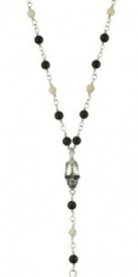 King Baby Skull Men's Chain Link Rosary with Onyx, Ivory Roses and Cross Necklace