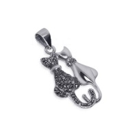 LWPS002 Sterling Silver Cute Twin Cats Diamond Cut Marcasite 38mm x 21mm Pendant Charm LWPS002 Sterling Silver Cute Twin Cats Diamond Cut Marcasite 38mm x 21mm Pendant Charm