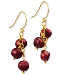Go for a subtle hint of color. These beautiful earrings feature cranberry-colored cultured freshwater pearls (6-7 mm) set in 18k gold over sterling silver. Approximate drop: 1-1/4 inches. Go for a subtle hint of color. These beautiful earrings feature cranberry-colored cultured freshwater pearls (6-7 mm) set in 18k gold over sterling silver. Approximate drop: 1-1/4 inches.