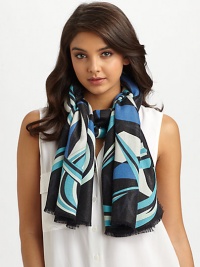 A high-contrast graphic print with metallic accents inspired by the brand's Mediterranean history. 48% wool/22% angora/10% rayon/5% metallic threadsAbout 71 X 28Dry cleanMade in Italy A high-contrast graphic print with metallic accents inspired by the brand's Mediterranean history. 48% wool/22% angora/10% rayon/5% metallic threadsAbout 71 X 28Dry cleanMade in Italy