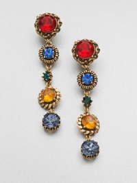 Multicolored faceted stones in mixed settings for a bright style. Pewter and brassGlass stonesDrop, about 4Clip-on backMade in USA Multicolored faceted stones in mixed settings for a bright style. Pewter and brassGlass stonesDrop, about 4Clip-on backMade in USA