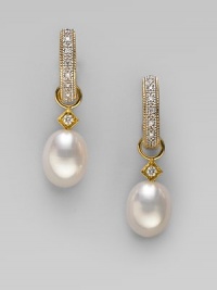 Lustrous white freshwater pearls, with dazzling diamond accents, are ready to hang from your favorite hoops. Diamonds, 0.03 tcw White freshwater pearls 18k yellow gold Drop, about ¾ Spring ring clasp Imported Please note: Earrings sold separately. Lustrous white freshwater pearls, with dazzling diamond accents, are ready to hang from your favorite hoops. Diamonds, 0.03 tcw White freshwater pearls 18k yellow gold Drop, about ¾ Spring ring clasp Imported Please note: Earrings sold separately.