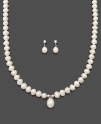 Make yourself stand out with this timelessly beautiful cultured freshwater pearl (6-9 mm) necklace and earrings set, featuring a lovely teardrop-shaped pearl center. In sterling silver. Necklace measures approximately 18 inches. Make yourself stand out with this timelessly beautiful cultured freshwater pearl (6-9 mm) necklace and earrings set, featuring a lovely teardrop-shaped pearl center. In sterling silver. Necklace measures approximately 18 inches.