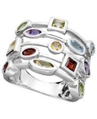 Get instant layers in this colorful-chic cocktail ring. Five rows feature an array of colorful gemstones including citrine (1/4 ct. t.w.), green amethyst (1/6 ct. t.w.), garnet (1/2 ct. t.w.), blue topaz (3/8 ct. t.w.), lemon quartz (1/5 ct. t.w.), amethyst (1/3 ct. t.w.), and peridot (1/4 ct. t.w.). Sizes 6, 7 and 8.