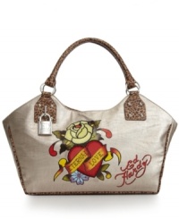 Express yourself with this bold Ed Hardy style featuring an Eternal Love graphic at front and daring animal print trim. Silvertone hardware and a lock charm complete the look. Express yourself with this bold Ed Hardy style featuring an Eternal Love graphic at front and daring animal print trim. Silvertone hardware and a lock charm complete the look.