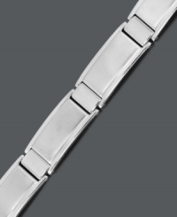 Add smooth style with a tough edge. Stainless steel men's bracelet features a rectangular link with a stylish matte finish. Approximate length: 8-1/2 inches. Add smooth style with a tough edge. Stainless steel men's bracelet features a rectangular link with a stylish matte finish. Approximate length: 8-1/2 inches.