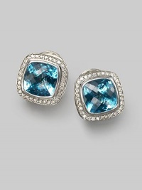 From the Albion Collection. A dramatic center of faceted blue topaz, surrounded by pavé diamonds set in sterling silver. Diamonds, 0.49 tcw Blue topaz Sterling silver About ½ square Post back Made in USA From the Albion Collection. A dramatic center of faceted blue topaz, surrounded by pavé diamonds set in sterling silver. Diamonds, 0.49 tcw Blue topaz Sterling silver About ½ square Post back Made in USA