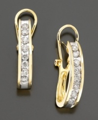 Classic and striking, these French clip diamond earrings present brilliant round diamonds (1 ct. t.w.) channel-set on polished J-shaped hoops of 14k gold. Classic and striking, these French clip diamond earrings present brilliant round diamonds (1 ct. t.w.) channel-set on polished J-shaped hoops of 14k gold.