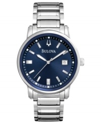 Deep blue hues take command on this handsome Bulova watch. Deep blue hues take command on this handsome Bulova watch.