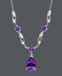Make a bold statement with a bright wave of color. Startling round and pear-cut amethyst (3-1/4 ct. t.w.) accented with glittering diamond is surrounded by swirls of sterling silver and 14k gold. Approximate length: 14 inches. Approximate drop: 3/4 inch. Make a bold statement with a bright wave of color. Startling round and pear-cut amethyst (3-1/4 ct. t.w.) accented with glittering diamond is surrounded by swirls of sterling silver and 14k gold. Approximate length: 14 inches. Approximate drop: 3/4 inch.