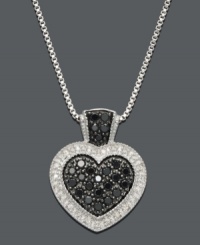 A heart pendant with an extra pop of color. Features a sterling silver setting and chain with a black diamond center and bale (3/8 ct. t.w.) surrounded by white diamond edges (1/8 ct. t.w.) Approximate length: 18 inches. Approximate drop: 3/4 inch.