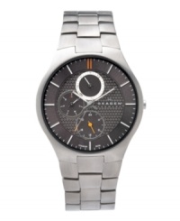 Masterfully crafted in Sweden, this multi-function Skagen Denmark watch is designed to outlast the rest. Titanium link bracelet and round case. Gray dial with edgy pattern at inner dial features orange and white stick indices, luminous hands, three orange-accented subdials and logo. Quartz movement. Water resistant to 30 meters. Limited lifetime warranty.