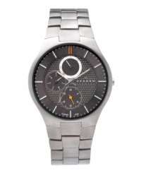 Masterfully crafted in Sweden, this multi-function Skagen Denmark watch is designed to outlast the rest. Titanium link bracelet and round case. Gray dial with edgy pattern at inner dial features orange and white stick indices, luminous hands, three orange-accented subdials and logo. Quartz movement. Water resistant to 30 meters. Limited lifetime warranty. Masterfully crafted in Sweden, this multi-function Skagen Denmark watch is designed to outlast the rest. Titanium link bracelet and round case. Gray dial with edgy pattern at inner dial features orange and white stick indices, luminous hands, three orange-accented subdials and logo. Quartz movement. Water resistant to 30 meters. Limited lifetime warranty.