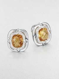 From the Labyrinth Collection. Beautiful, faceted citrine surrounded by dazzling diamonds and sleek sterling silver. CitrineDiamonds, .24 tcwSterling silverSize, about .39Omega post backImported 