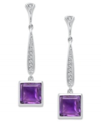 An elegant accent piece in your favorite hue. These stunning long drop earrings feature square-cut amethyst (6-3/4 ct. t.w.) and a row of round-cut diamonds (1/6 ct. t.w.). Set in sterling silver. Approximate drop: 1-1/4 inches. An elegant accent piece in your favorite hue. These stunning long drop earrings feature square-cut amethyst (6-3/4 ct. t.w.) and a row of round-cut diamonds (1/6 ct. t.w.). Set in sterling silver. Approximate drop: 1-1/4 inches.