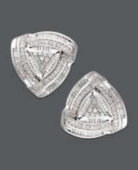 Triple your elegance with chic three-sided style. Triangular-shaped earrings feature round and baguette-cut diamonds (1 ct. t.w.) set in sterling silver. Approximate diameter: 3/4 inch. Triple your elegance with chic three-sided style. Triangular-shaped earrings feature round and baguette-cut diamonds (1 ct. t.w.) set in sterling silver. Approximate diameter: 3/4 inch.