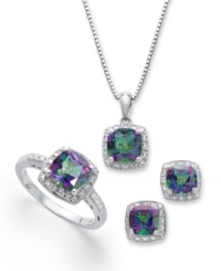 Illuminate your look. Round-cut mystic topaz (4-3/4 ct. t.w.) and sparkling diamond accents adorn this pretty matching jewelry set. Includes a pendant, stud earrings and ring in sterling silver. Approximate necklace length: 18 inches. Approximate drop: 1/2 inch. Approximate earring diameter: 1/4 inch. Size 7. Illuminate your look. Round-cut mystic topaz (4-3/4 ct. t.w.) and sparkling diamond accents adorn this pretty matching jewelry set. Includes a pendant, stud earrings and ring in sterling silver. Approximate necklace length: 18 inches. Approximate drop: 1/2 inch. Approximate earring diameter: 1/4 inch. Size 7.