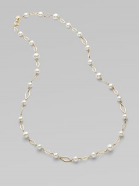 A pretty pearl and 18k goldplated, almond-shaped link design. 10mm and 12mm round white organic hand-made pearls 18k goldplated sterling silver Lobster clasp closure Length, about 36 Imported A pretty pearl and 18k goldplated, almond-shaped link design. 10mm and 12mm round white organic hand-made pearls 18k goldplated sterling silver Lobster clasp closure Length, about 36 Imported