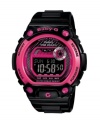 Grab your board and hit the waves with this bold BLX series Baby-G watch. Black resin strap and round case with hot pink accents. Shock-resistant black and pink dial with negative digital display features tide graph, EL backlight, world time, multiple alarms, stopwatch, countdown timer, 12/24 hour formats and mute function. Digital movement. Water resistant to 200 meters. One-year limited warranty.
