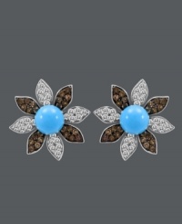 In full bloom. Add a springtime touch to your look in Carlo Viani's fabulous floral stud earrings. Crafted in 14k white gold, with round-cut turquoise centers (6-1/5 mm) and petals covered in round-cut white sapphire (1-1/6 ct. t.w.) and smokey quartz (1 ct. t.w.). Approximate diameter: 1 inch. In full bloom. Add a springtime touch to your look in Carlo Viani's fabulous floral stud earrings. Crafted in 14k white gold, with round-cut turquoise centers (6-1/5 mm) and petals covered in round-cut white sapphire (1-1/6 ct. t.w.) and smokey quartz (1 ct. t.w.). Approximate diameter: 1 inch.