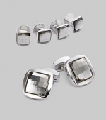 A luxury set that appoints a formal look with polished style, defined by Swarovski crystal detail in rhodium-plated metal. Set includes 2 cuff links and 4 matching shirt studs Cuff links: about ¾ square Shirt studs: about ¼ square Imported 