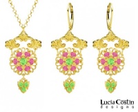 European Inspired 24K Gold Plated over .925 Sterling Silver Pendant and Earrings Set by Lucia Costin Ornate with Light Green, Pink Swarovski Crystals Surrounded by Dots and Lovely Charms; Handmade in USA European Inspired 24K Gold Plated over .925 Sterling Silver Pendant and Earrings Set by Lucia Costin Ornate with Light Green, Pink Swarovski Crystals Surrounded by Dots and Lovely Charms; Handmade in USA