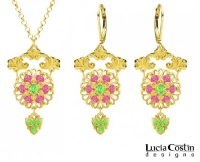 European Inspired 24K Gold Plated over .925 Sterling Silver Pendant and Earrings Set by Lucia Costin Ornate with Light Green, Pink Swarovski Crystals Surrounded by Dots and Lovely Charms; Handmade in USA