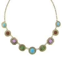Color your world. 2028's vibrant adjustable necklace features cabochon stones in turquoise, carnelian red, amethyst purple and jade green. Set in gold tone mixed metal. Approximate length: 16 inches + 3-inch extender. Color your world. 2028's vibrant adjustable necklace features cabochon stones in turquoise, carnelian red, amethyst purple and jade green. Set in gold tone mixed metal. Approximate length: 16 inches + 3-inch extender.