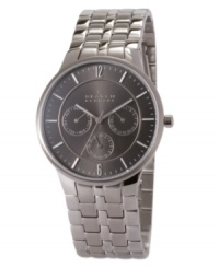 A sleek watch from Skagen Denmark, with understated sophistication in gunmetal stainless steel. Stainless steel bracelet and round case. Round charcoal dial with three subdials, logo and stick indices. Quartz movement. Water resistant to 30 meters. Limited lifetime warranty. A sleek watch from Skagen Denmark, with understated sophistication in gunmetal stainless steel. Stainless steel bracelet and round case. Round charcoal dial with three subdials, logo and stick indices. Quartz movement. Water resistant to 30 meters. Limited lifetime warranty.