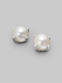 A sensual pearl, sparked with diamonds, exquisitely cradled in cabled sterling silver. White freshwater cultured pearls Diamonds, 0.05 tcw Sterling silver Diameter, about ½ Post back Imported A sensual pearl, sparked with diamonds, exquisitely cradled in cabled sterling silver. White freshwater cultured pearls Diamonds, 0.05 tcw Sterling silver Diameter, about ½ Post back Imported