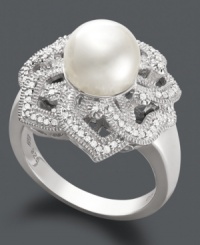 Style inspired by nature. This exquisite ring features a delicate floral design with sparkling, round-cut diamond petals (1/5 ct. t.w.) and a cultured freshwater pearl center (8-9 mm). Crafted in sterling silver. Size 7. Style inspired by nature. This exquisite ring features a delicate floral design with sparkling, round-cut diamond petals (1/5 ct. t.w.) and a cultured freshwater pearl center (8-9 mm). Crafted in sterling silver. Size 7.