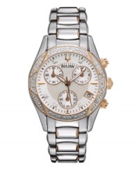 Glints of glamour accent this stunning watch by Bulova. Stainless steel bracelet with rose-gold tone accents and round case. Bezel with rose-gold tone accents and 16 glittering diamonds (1/10 ct. t.w.). White dial features textured inner dial, applied rose-gold tone stick indices, diamond accent markers, black minute track, date window, three subdials, luminous hands and logo. Quartz movement. Water resistant to 30 meters. Three-year limited warranty. Glints of glamour accent this stunning watch by Bulova. Stainless steel bracelet with rose-gold tone accents and round case. Bezel with rose-gold tone accents and 16 glittering diamonds (1/10 ct. t.w.). White dial features textured inner dial, applied rose-gold tone stick indices, diamond accent markers, black minute track, date window, three subdials, luminous hands and logo. Quartz movement. Water resistant to 30 meters. Three-year limited warranty.