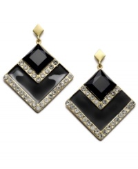 Take it back a decade or two. Bar III's retro-fab style combines diamond-shaped black enamel drops with sweet rows of crystal and a gold tone mixed metal post setting. Approximate drop: 1-5/8 inches. Take it back a decade or two. Bar III's retro-fab style combines diamond-shaped black enamel drops with sweet rows of crystal and a gold tone mixed metal post setting. Approximate drop: 1-5/8 inches.