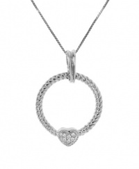 Elegant Sterling Silver 925 Brilliant Cut Genuie Diamonds Twisted Station Circle Pendant Necklace with Heart Center with Chain