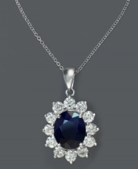Regally charming. This Royalty Inspired by Effy Collection pendant features an oval-cut sapphire (4-1/3 ct. t.w.) encircled by round-cut diamonds (1-3/4 ct. t.w.). Setting and chain crafted from 14k white gold. Approximate length: 18 inches. Approximate drop: 1 inches. Regally charming. This Royalty Inspired by Effy Collection pendant features an oval-cut sapphire (4-1/3 ct. t.w.) encircled by round-cut diamonds (1-3/4 ct. t.w.). Setting and chain crafted from 14k white gold. Approximate length: 18 inches. Approximate drop: 1 inches.