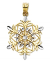 As unique as you are. This stunning diamond-cut snowflake is crafted in 14k white gold and sterling silver. Approximate length: 1 inch. Approximate width: 7/10 inch. As unique as you are. This stunning diamond-cut snowflake is crafted in 14k white gold and sterling silver. Approximate length: 1 inch. Approximate width: 7/10 inch.
