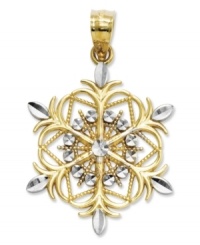 As unique as you are. This stunning diamond-cut snowflake is crafted in 14k white gold and sterling silver. Approximate length: 1 inch. Approximate width: 7/10 inch.