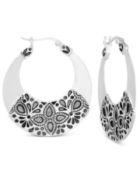 Beauty is in full bloom. A floral pattern on this pair of sterling silver hoop earrings from Genevieve & Grace provides a stylish touch. Approximate drop length: 1-3/4 inches. Approximate drop width: 1-1/3 inches.