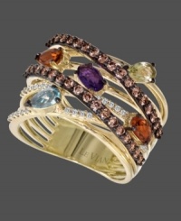 Get wrapped up in a rainbow's spectrum of precious stones. This 14k gold Le Vian ring features bands of round-cut chocolate diamonds (5/8 ct. t.w.) and round-cut white diamonds (1/10 ct. t.w.) accented by a round-cut amethyst (1/4 ct. t.w.), oval-cut rhodolite (1/4 ct. t.w.) pear-cut citrine (1/4 ct. t.w.), oval-cut peridot (1/4 ct. t.w.) and pear-cut blue topaz (1/4 ct. t.w.). Size 7. Get wrapped up in a rainbow's spectrum of precious stones. This 14k gold Le Vian ring features bands of round-cut chocolate diamonds (5/8 ct. t.w.) and round-cut white diamonds (1/10 ct. t.w.) accented by a round-cut amethyst (1/4 ct. t.w.), oval-cut rhodolite (1/4 ct. t.w.) pear-cut citrine (1/4 ct. t.w.), oval-cut peridot (1/4 ct. t.w.) and pear-cut blue topaz (1/4 ct. t.w.). Size 7.