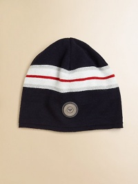 An ultra-cozy, wool-blend knit topper with logo design and bold stripes.Ribbed knitPull-on styling50% wool/50% acrylicMade in Italy An ultra-cozy, wool-blend knit topper with logo design and bold stripes.Ribbed knitPull-on styling50% wool/50% acrylicMade in Italy