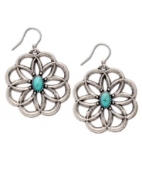 Natural beauty. Frame your face with these fresh-from-the-garden earrings by Lucky Brand. Flowers carved in worn silver tone mixed metal feature semi-precious reconstituted calcite turquoise at center of petals. Approximate drop: 1-5/8 inches. Natural beauty. Frame your face with these fresh-from-the-garden earrings by Lucky Brand. Flowers carved in worn silver tone mixed metal feature semi-precious reconstituted calcite turquoise at center of petals. Approximate drop: 1-5/8 inches.