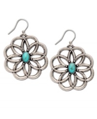 Natural beauty. Frame your face with these fresh-from-the-garden earrings by Lucky Brand. Flowers carved in worn silver tone mixed metal feature semi-precious reconstituted calcite turquoise at center of petals. Approximate drop: 1-5/8 inches.