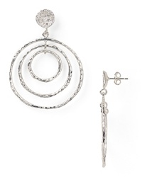 Get inspired by deco glamour this season and don Melinda Maria's drop hoop earrings. Style these bold baubles with a mini shift and platform boots for a lustrous retro look. Get inspired by deco glamour this season and don Melinda Maria's drop hoop earrings. Style these bold baubles with a mini shift and platform boots for a lustrous retro look.