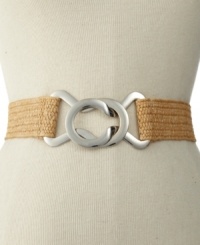 Lock in charming style with this stretch belt with an eye-catching interlocking clasp, by Nine West. Lock in charming style with this stretch belt with an eye-catching interlocking clasp, by Nine West.