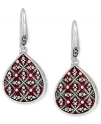 Stunningly stylish. These teardrop earrings from Genevieve & Grace are crafted from sterling silver, with marcasite and purple epoxy elements adding to the appeal. Approximate drop length: 1-1/2 inches. Approximate width: 5/8 inch. Stunningly stylish. These teardrop earrings from Genevieve & Grace are crafted from sterling silver, with marcasite and purple epoxy elements adding to the appeal. Approximate drop length: 1-1/2 inches. Approximate width: 5/8 inch.