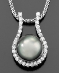 Beauty that makes the world go round. This gorgeous necklace features a Tahitian pearl (11-12 mm) and round-cut diamonds set in 14k white gold. Approximate length: 16 inches. Approximate drop: 3/4 inch. Beauty that makes the world go round. This gorgeous necklace features a Tahitian pearl (11-12 mm) and round-cut diamonds set in 14k white gold. Approximate length: 16 inches. Approximate drop: 3/4 inch.